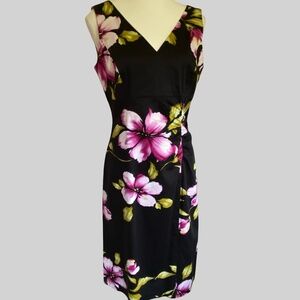 Donna Ricco Black Floral Tropical Sleeveless V-Neck Vacation Party Dress- Sz-6